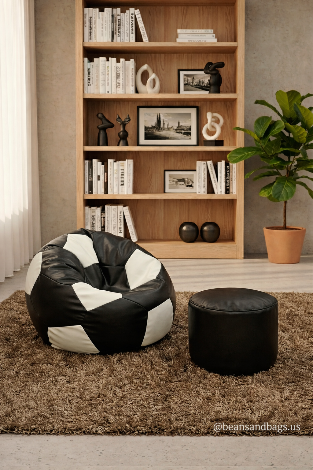 Black and White Football Leather Bean Bag with Free Footstool