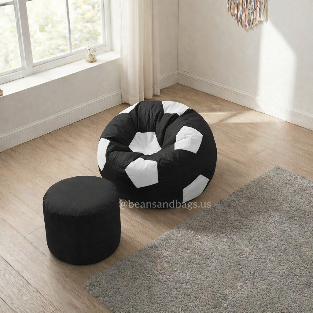 Black and White Football Beanbag Parachute with Footrest