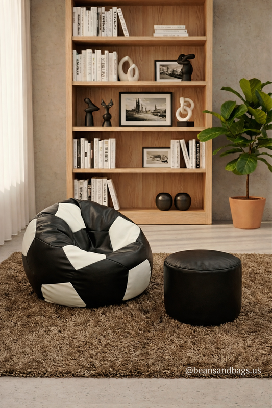 Black and White Football Leather Bean Bag with Free Footstool
