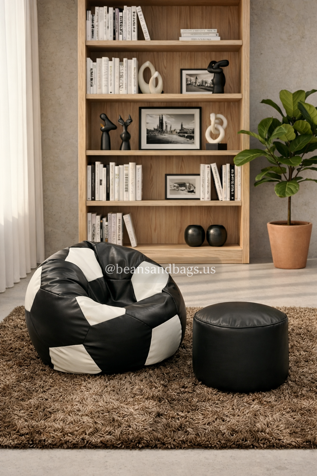 Black and White Football Leather Bean Bag with Free Footstool 1