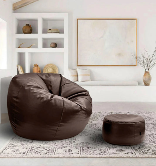 Leather Bean Bag – Dark Brown with Free Footstool