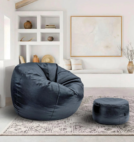 Leather Bean Bag – Navy Blue with Free Footstool