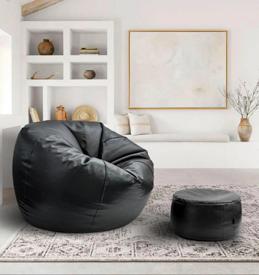 Leather Bean Bag Black with Free Footstool